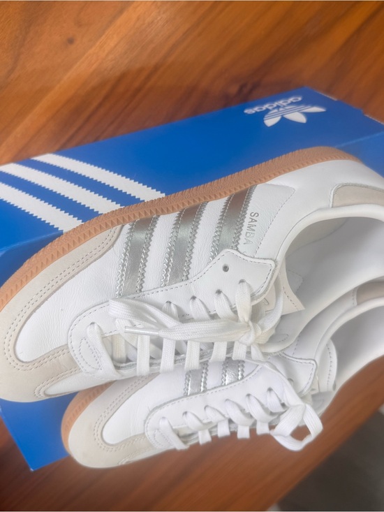 adidas Shoes - adidas White Sneakers with Silver Stripes and Gum Sole
